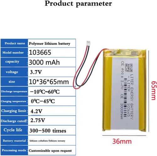 Vista 2 de 3.7V 103665 3000mAh batería de iones de polímero de litio recargable batería de polímero con conector JST 0.049 in para Miyoo Mini