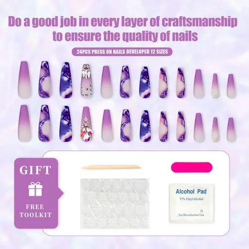Vista 2 de Uñas postizas extralargas acrílicas cuadradas con diseños de diamantes de imitación, ondas moradas, uñas postizas de ballet con pegamento