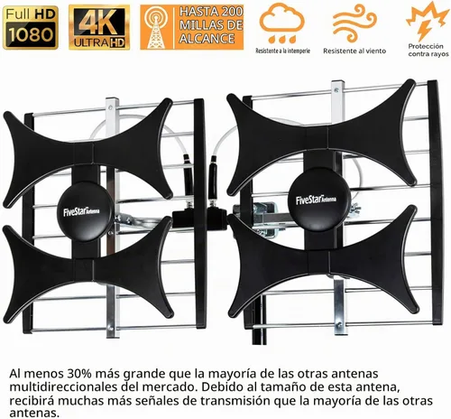 Vista 2 de Five Star Antena amplificada multidireccional de 4 V HDTV, alcance de hasta 200 millas, UHF/VHF, interior, ático, exterior, 4K Ready 1080P FM