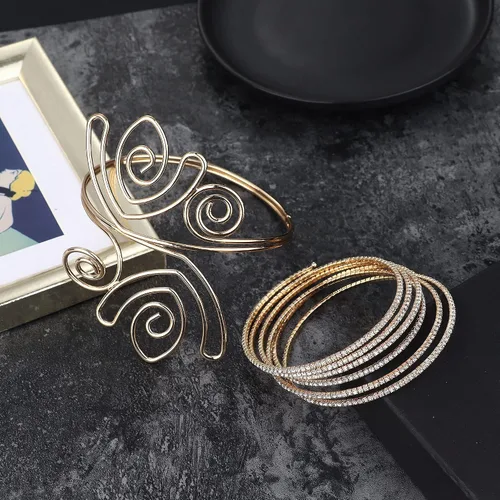Vista 2 de UBGICIG 6 pulseras de brazo para mujer pulseras de brazo plateado dorado brazalete de hoja de remolino dorado pulsera ajustable