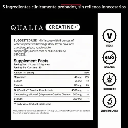 Vista 4 de Qualia Creatine Complejo Avanzado de Creatina 2 Fuentes + Magnesio Absorción Optimizada Rendimiento Muscular, Función Cerebral