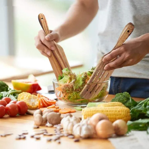 Vista 3 de Juego de espátulas, utensilios de cocina de madera de acacia natural de 2 piezas, cucharas de madera para cocinar, agitar, mezclar y servir