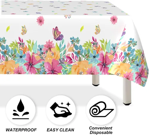Vista 4 de Paquete de 3 manteles de mariposa, mantel rectangular de mariposa de primavera, mantel de cumpleaños, mantel de plástico desechable con flores