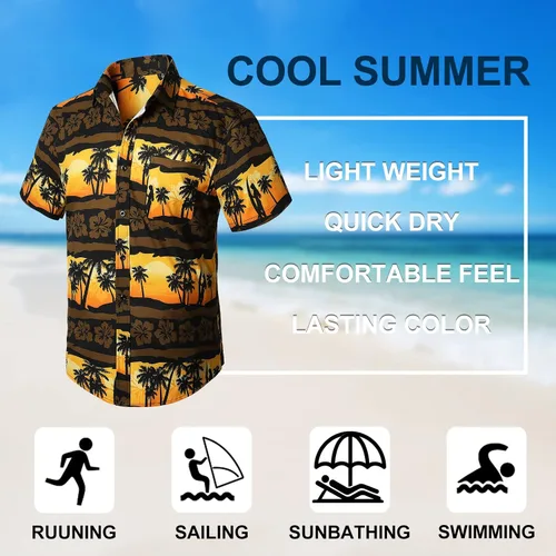Vista 5 de Camisas hawaianas de manga corta para hombre, camisas tropicales casuales de verano, con botones, floral, para vacaciones, playa, Aloha Hawaii