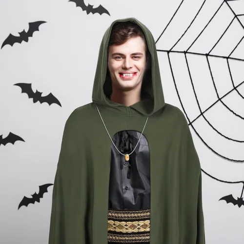 Vista 4 de Hercicy Disfraz de Halloween de 3 piezas, incluye capa verde renacentista con capucha, capa de bruja con capucha, anillo dorado, cadena de collar