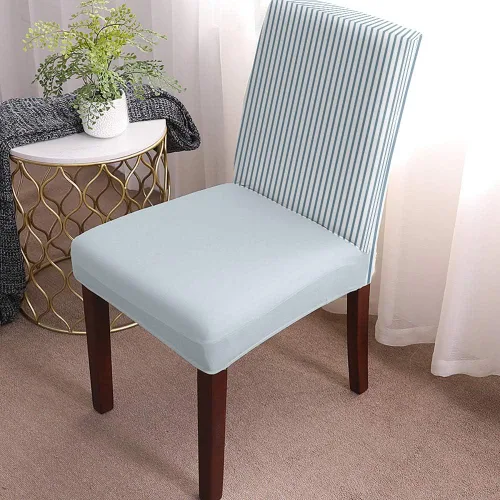 Vista 2 de Juego de 4 fundas elásticas para sillas de comedor, color azul claro y blanco, extraíbles para sillas de cocina, suaves y lavables, protector