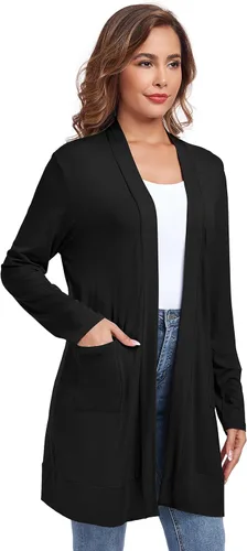 Vista 3 de TownCat Cárdigan ligero para mujer con bolsillo, manga larga, frente abierto, casual, cárdigan suelto para mujer (negro 1, XXL)