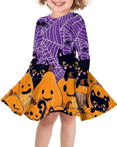 Vista 3 de Vestido para niñas pequeñas, vestido de Halloween para fiesta, cosplay, disfraces de manga larga, línea A, vestido de patinadora para otoño