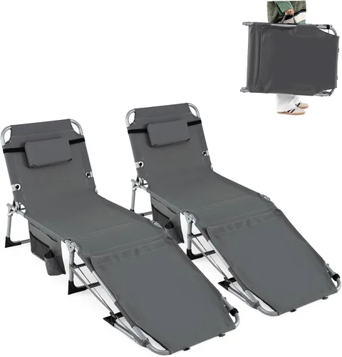 Vista 15 de Goplus Silla de bronceado con agujeros para brazos faciales, silla portátil para tomar el sol con respaldo de 4 niveles y almohada para la cabeza