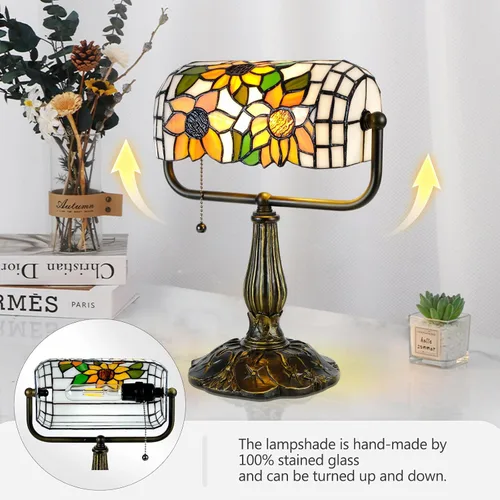 Vista 2 de Tiffany Bankers Lámpara de Escritorio, Luz de Piano de Vidrio Emplomado de Girasol con Bombilla LED, Lámpara de Escritorio Estilo Tiffany Vintage