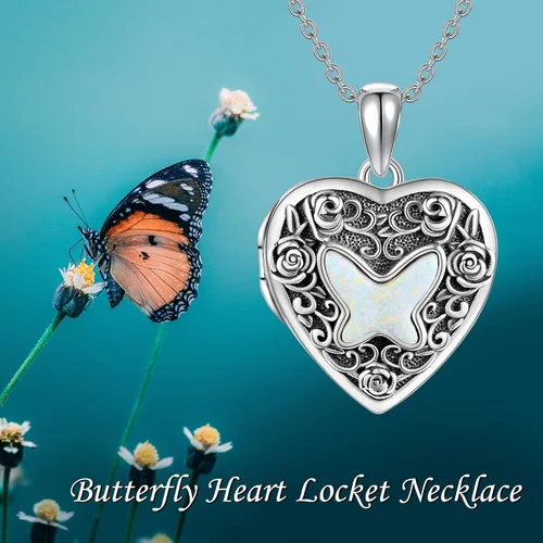Vista 6 de URONE Collar con medallón de corazón de mariposa de plata de ley 925, collar con colgante de mariposa que sostiene fotos medallón de fotos, joyería