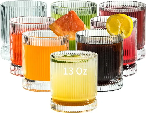 Vista 10 de KEMORELA Juego de 4 vasos de vidrio acanalado, cristalería vintage de 13 onzas, cristalería premium, elegante juego de cristalería mixta, copas