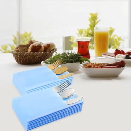 Vista 3 de Servilletas desechables de color azul menta, paquete de 50 servilletas de papel de tacto de lino con bolsillo integrado para cubiertos, tela