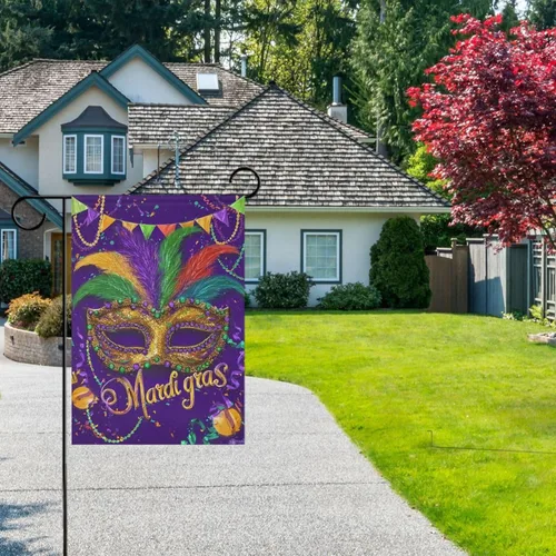 Vista 5 de Kcldeci Bandera de bienvenida con máscara de Mardi Gras de 45.7 x 61 cm, bandera de carnaval de flor de Lis para patio, grande, vertical, de doble