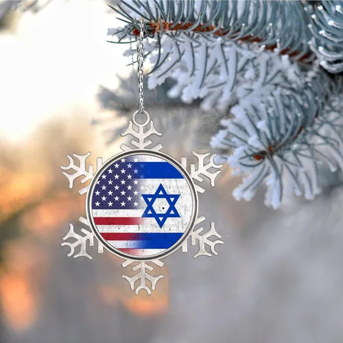 Vista 5 de Adornos de copo de nieve con la bandera estadounidense de Israel United We Stand with Israel, decoraciones de Navidad para árbol, adornos de Navidad