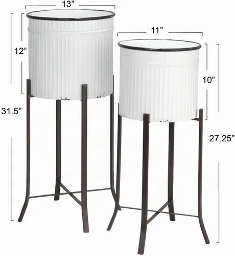 Vista 9 de Creative Co-Op, macetas de metal corrugado redondas en soportes, blanco y negro, juego de 2