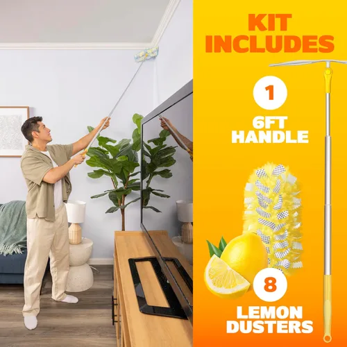 Vista 6 de Swiffer Kit de plumero con mango súper extensible de 6 pies, kit de inicio resistente con 8 repuestos, aroma a limón