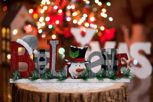 Vista 2 de Decoración de mesa de Navidad de madera, letrero decorativo de muñeco de nieve de madera, centros de mesa de Navidad, decoración de vacaciones