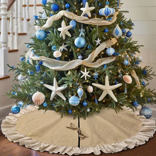 Vista 9 de Mini Falda de Arpillera para Árbol de Navidad con Borde con Volantes, Decoraciones para Árbol de Navidad Pequeño de 24 Pulgadas Ornamentos para Mesa