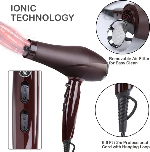 Vista 4 de Secador de pelo de 2000 W, con difusor concentrador de peine para mujeres y hombres, secador de pelo silencioso iónico negativo con potente motor