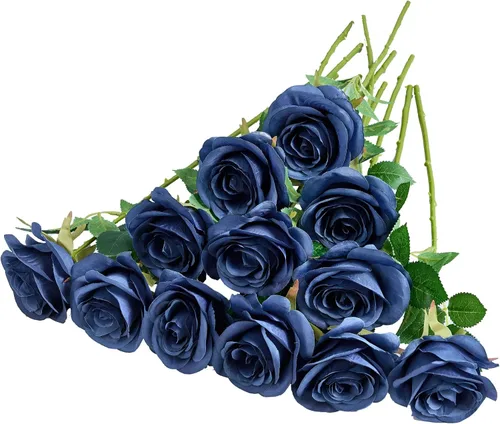 Vista 22 de 12 piezas Rosas Flores Artificiales Rosas Falsas Azul Bebé Rosas de Seda Flores de Seda Blancas Rosas con Tallos Largos para Bodas Hogar Fiestas
