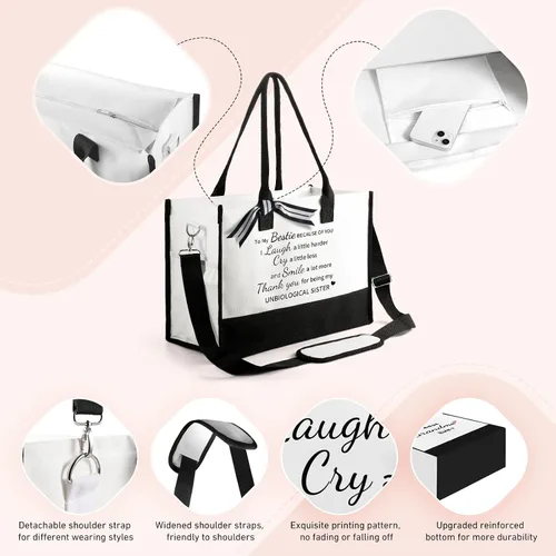 Vista 5 de TRSODD Regalos de cumpleaños para mujer, bolsa de lona con inicial con correa ajustable para el hombro y bolsa de maquillaje, regalos para mamá