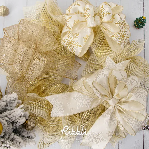 Vista 2 de Ribbli - Cinta con alambre dorada champagne para árbol de Navidad, cinta de malla con purpurina y diseño de copos de nieve para manualidades