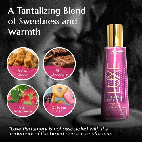 Vista 4 de Luxe Perfumery Sugar Bliss - Perfume en espray para el cabello y el cuerpo, fragancia Sweet Gourmand con frambuesa, chocolate, vainilla y almizcle