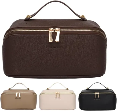 Vista 10 de Bolsas de maquillaje a cuadros de gran capacidad, bolsas de cosméticos portátiles de viaje, bolsa de aseo abierta y plana para mujeres y niñas