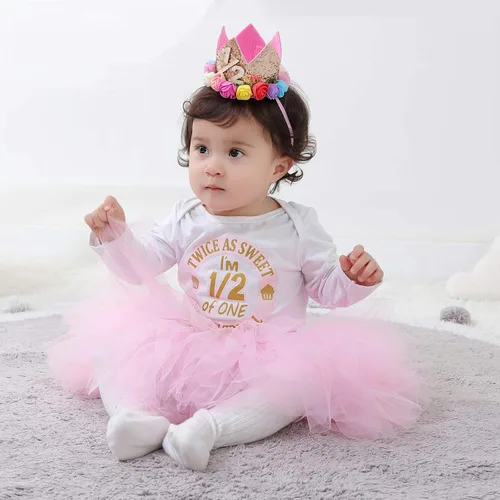 Vista 3 de HOSUKKO 12 Primer 2 Cumpleaños Traje Niña, Onesie+Tutú+Corona+Diadema