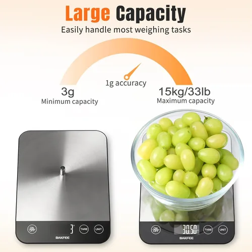 Vista 2 de Báscula digital de cocina de 33 libras, báscula de alimentos recargable con acero inoxidable, gramos y onzas, carga USB, 0.04 oz de alta precisión