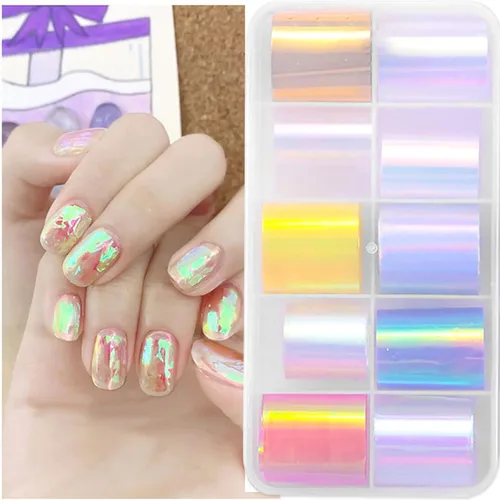 Vista 2 de 20 rollos de papel de vidrio Aurora degradado para arte de uñas, 3D, holográfico, efecto de fragmento de espejo, efecto de fragmento de espejo