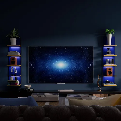 Vista 4 de Estantes de pared de 5 niveles con luz LED, estante de columna vertical, almacenamiento flotante, organizador de decoración del hogar, estante