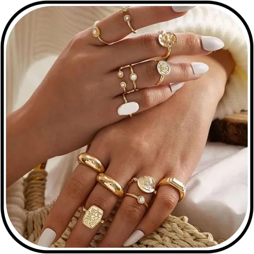 Vista 14 de Anillos Apilables de Oro para Mujeres Rellenos de Medias Navideñas para Adolescentes Conjunto de Anillos de Hoja de Perla Circonita Cúbica Corazón A