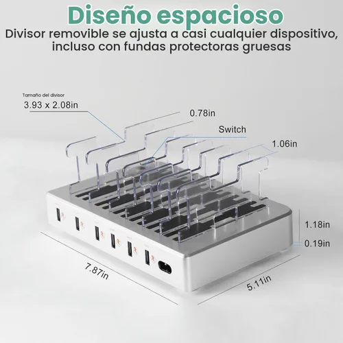 Vista 2 de Estación de carga rápida de 300 W para múltiples dispositivos, concentrador de carga USB de 6 puertos, organizador universal de cargador