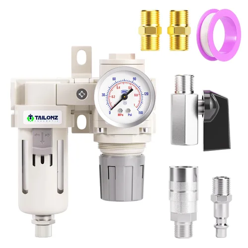Vista 17 de TAILONZ PNEUMATIC Regulador de presión de filtro de aire de drenaje automático NPT de 1/2 pulgada Combo Piggyback, filtro compresor de herramienta