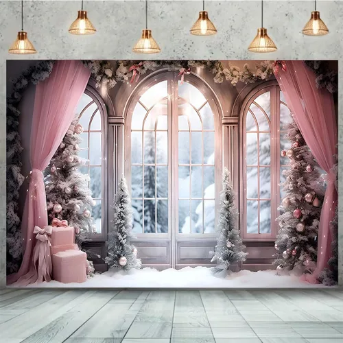 Vista 3 de Cortina rosa de invierno, fondo fotográfico de Navidad, invierno, nieve, bosque, ventana, fondo de fotografía, decoración de fiesta familiar, baby