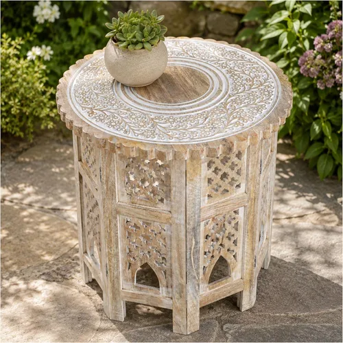 Vista 16 de Mesa auxiliar de madera de mango tallada a mano – 18x22 rústica