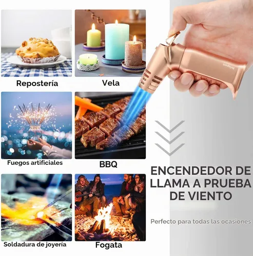 Vista 2 de Encendedor de antorcha, Quad 4 Jet Flame a prueba de viento de butano recargable con bloqueo de seguridad para cocina, parrilla, barbacoa, vela