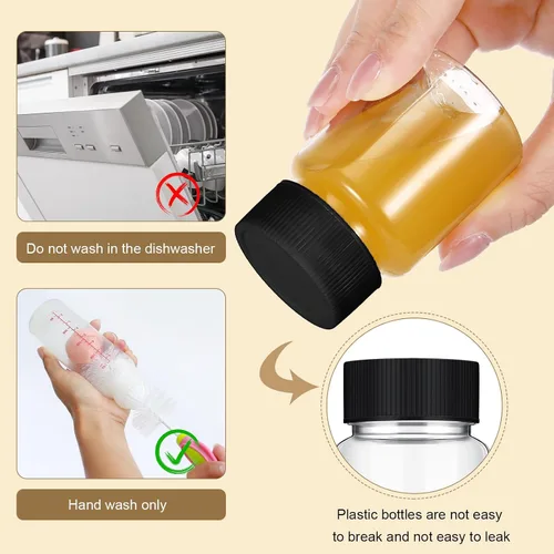 Vista 4 de Lallisa 50 botellas de plástico de 2 onzas con tapas, mini botella de jugo transparente con tapa, recipientes de jengibre reutilizables a prueba
