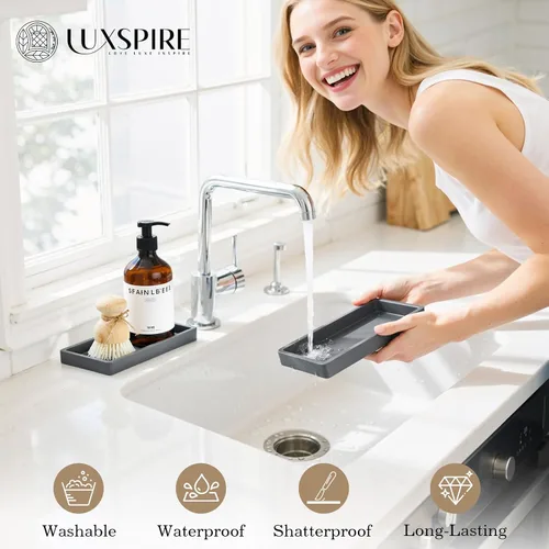 Vista 5 de Luxspire Bandeja de tocador de baño, bandeja de silicona para encimera de cocina de 7.9 x 4 pulgadas para dispensador de jabón, organizador
