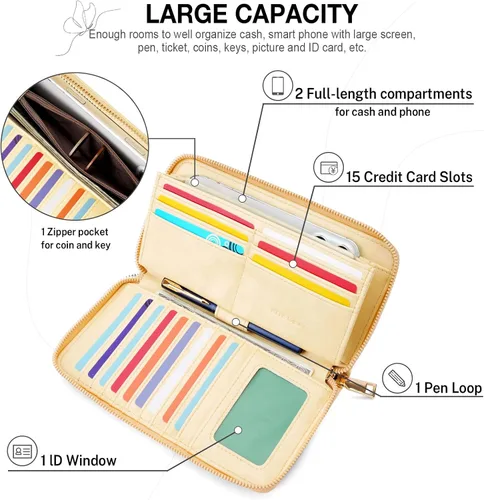 Vista 4 de Cartera RFID para mujer, cartera de gran capacidad con mariposa, cartera de teléfono celular, carteras de mano para mujer, carteras de pulsera