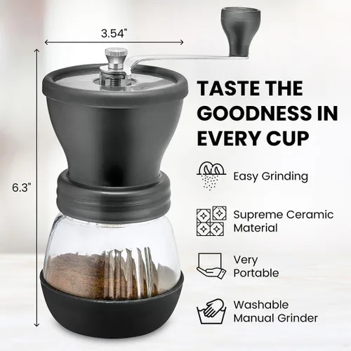Vista 3 de Chef's Star Acero inoxidable, jarra de espuma de leche de 20 onzas y molinillo de café de cerámica manual, molinillo portátil con base de vidrio