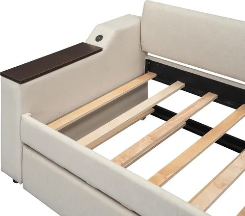 Vista 6 de Sofá cama doble con cama nido y 2 brazos de almacenamiento multifuncionales, marco de sofá cama de tela de lino con carga USB para habitación