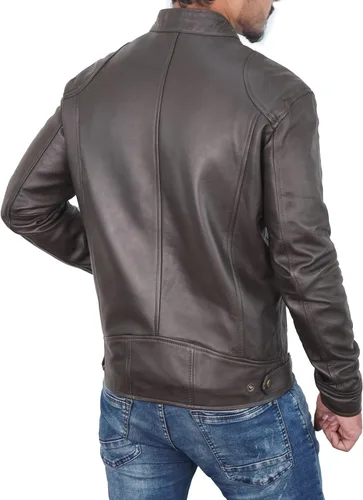 Vista 5 de Chaqueta de cuero de piel de cordero real para hombre, chaqueta de cuero casual estilo moto clásico con cuello de pestaña a presión