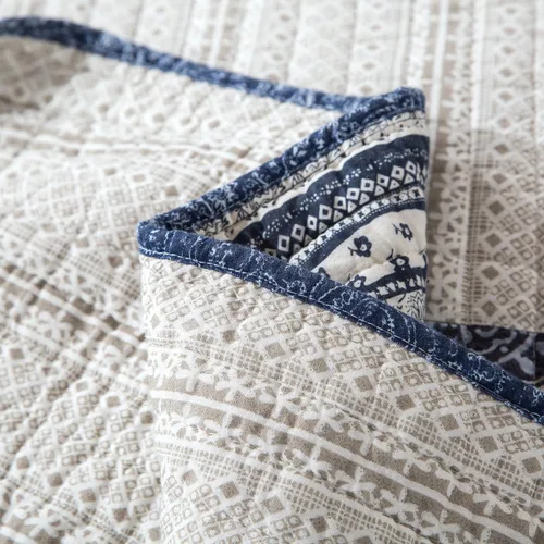 Vista 6 de DaDa Bedding - Juego de colcha de tela vaquera, diseño floral, 100 % algodón, bohemio, chic, ligero, acolchado, a rayas, medallón de cachemira