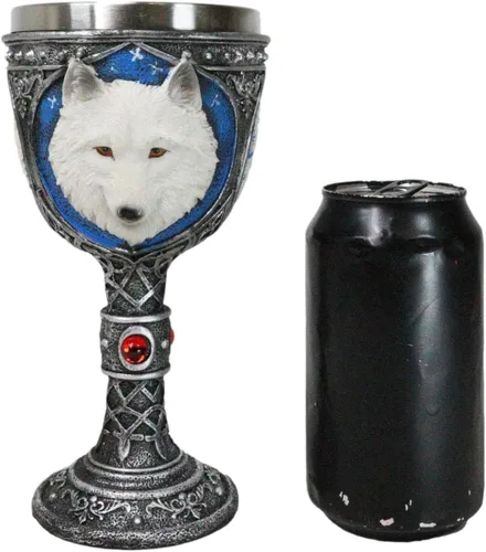 Vista 6 de Ebros Gift Gran celta mágica Knotwork Alpha Direwolf White Snow Wolf 8oz cáliz de copa de vino con forro de acero inoxidable Figura de taza