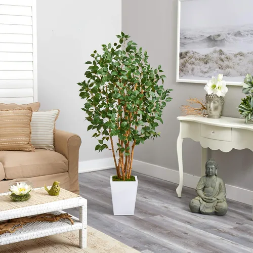 Vista 4 de Nearly Natural Árbol artificial ficus tupido de 5.5 pies en maceta de metal blanco