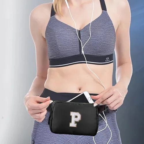 Vista 8 de Riñonera de cintura pequeña con parche de letra inicial ajustable para mujeres, hombres, adolescentes, niñas, niños, correr, viajar, gimnasio