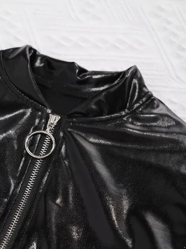 Vista 6 de TiaoBug Disfraz de baile de jazz hip hop para niños y niñas, brillante, metálico, manga larga, chaqueta bomber y pantalones deportivos